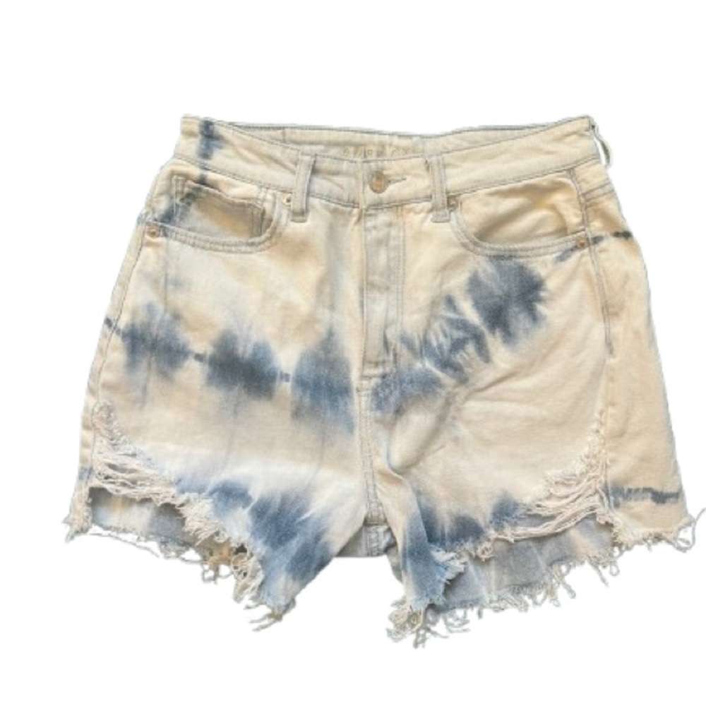 American Eagle Outfitters Blue and Cream Jean Shorts High-Waisted Distressed